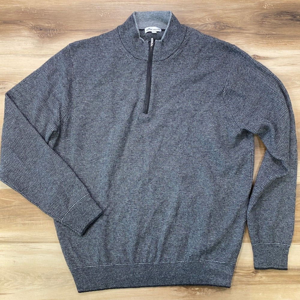 Peter Millar Mill Quarter Zip Sweater Size L Merino Wool Cashmere Stripe Grey